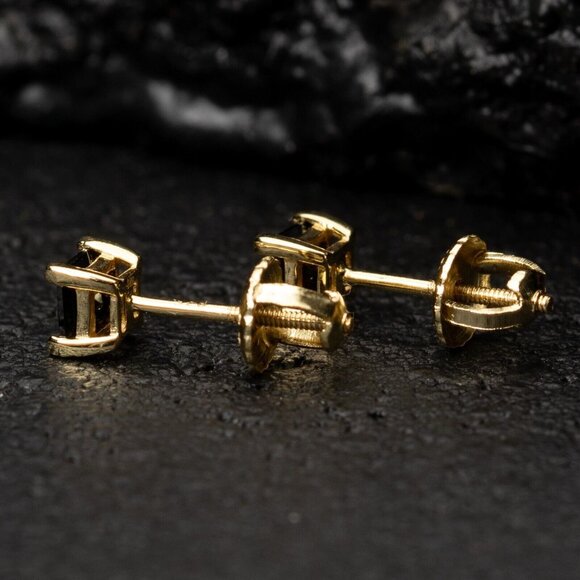 Small Mens Yellow Gold 925 Sterling Silver Black Onyx Princess Cut Stud Earrings - Picture 5 of 5